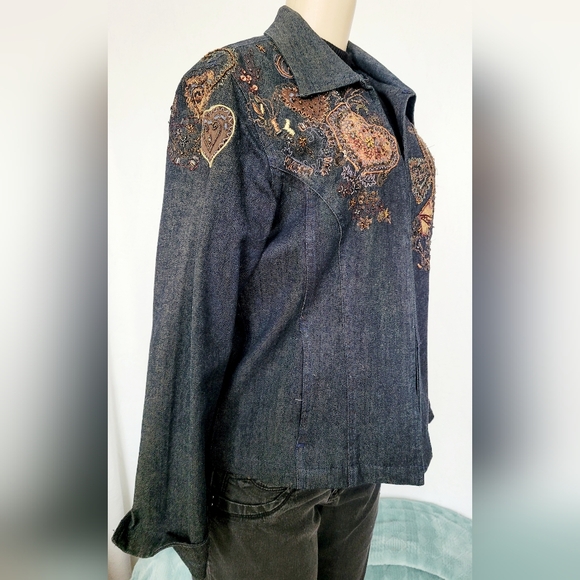 Chico's Women's Dark Blue Denim Embroidered Beaded Jacket 99%Cotton 1/Small - Picture 9 of 16